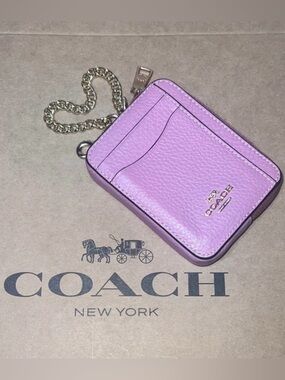 COACH Zip Card Case w Chain Pebble Leather GORGEOUS & AUTHENTIC True Pink & Gold